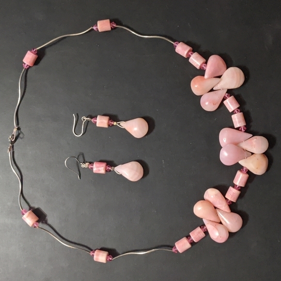 Jewelry - Sterling Silver Pink Rhodochrosite and Swarovski Crystal Necklace Earrin…